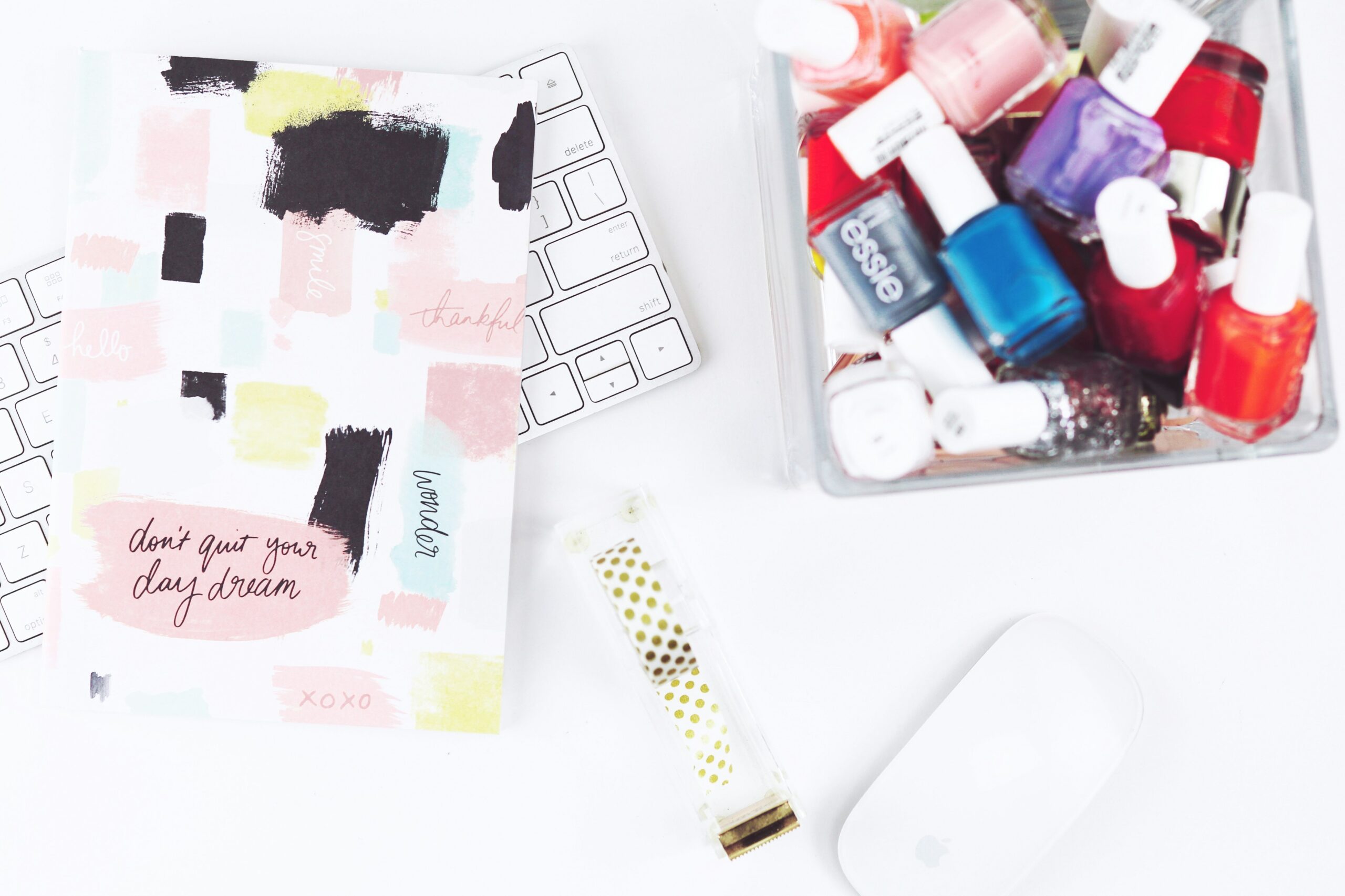 A cluttered makeup bag overflowing with mismatched products